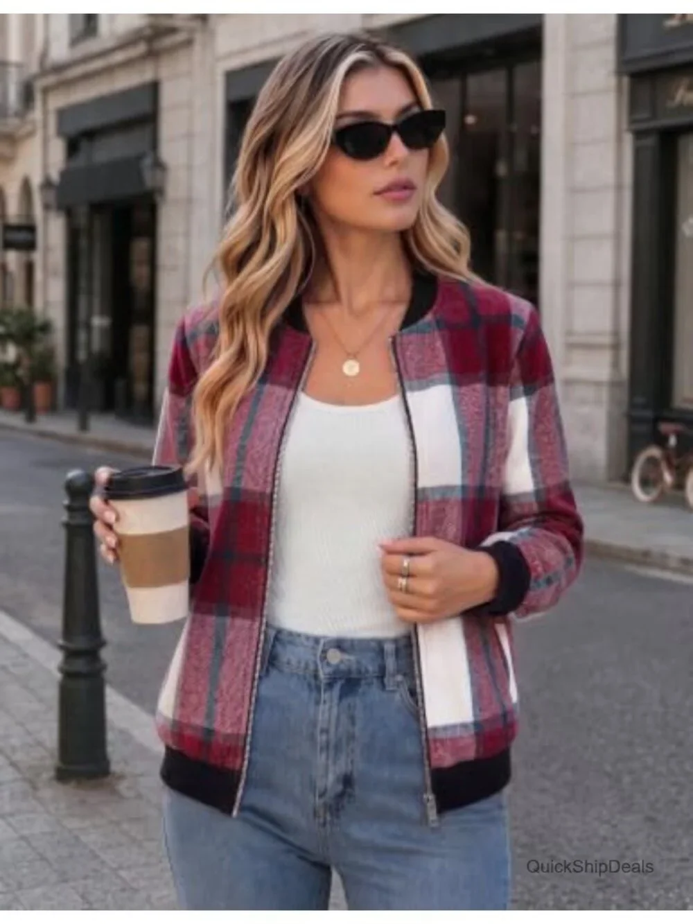 Womens Plaid Wool Blend Bomber Jacket Casual Zip Up Lightweight Fall Coat